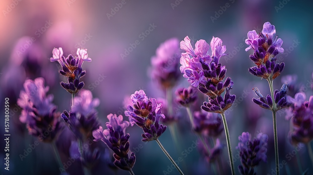 Obraz premium Close-up of vibrant purple lavender flowers in soft focus with a warm, glowing background.