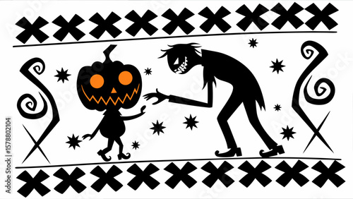 Vector illustration set of a Halloween background with a witch, cat, pumpkin, and bat perfect for spooky holiday designs