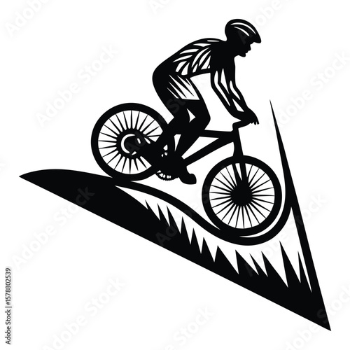 A striking black silhouette of a mountain biker descending a steep trail, ideal for adventure, sports, and outdoor-themed designs.