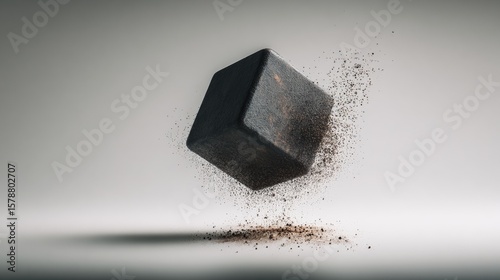 A black cube disintegrates into particles, suspended against a gradient background, symbolizing transformation and decay in a minimalist setting.