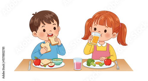 Young children enjoying a nutritious meal together featuring bread, fruit, juice, and vegetables, demonstrating healthy eating habits and a balanced diet for a growing child.