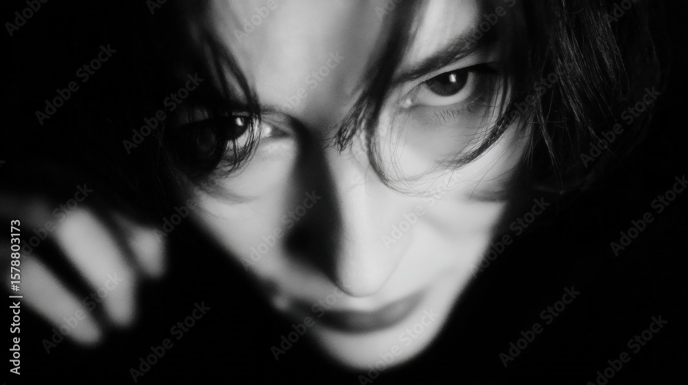 Fototapeta premium Black and white close-up portrait of a person with intense eyes and dark hair, conveying a mysterious and dramatic mood.