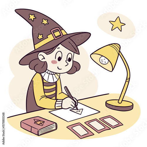A young witch drawing symbols at her desk under a lamp with spellbook and tarot cards on the table top
