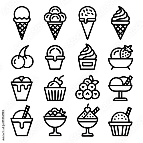 Collection of black and white line art icons depicting various ice cream desserts in cones, cups, and bowls, some topped with fruit.