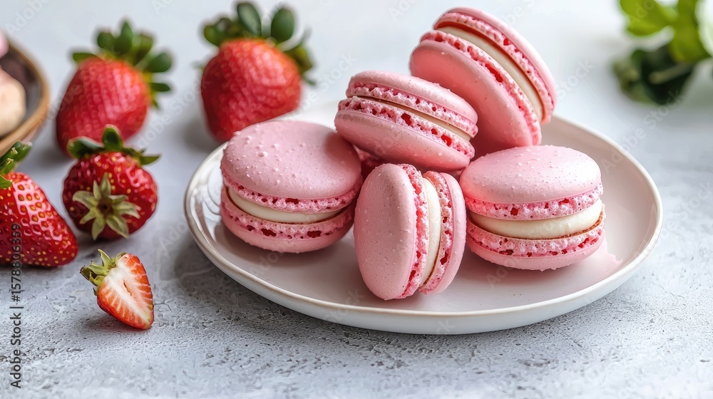 Fototapeta premium Elegant Pink Macarons on White Plate with Strawberries