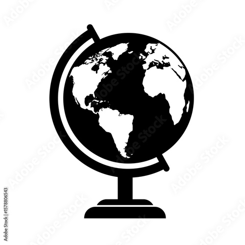A black and white globe shows the continents isolated on white background