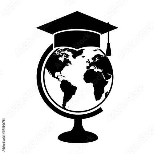 A graduation cap sits atop a globe isolated on white background