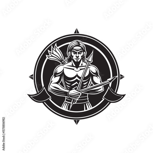 Celestial Archer: A stoic archer, rendered in a striking black and white illustration, embodies the Sagittarius zodiac sign. He grasps a drawn bow, positioned within a detailed compass rose frame.