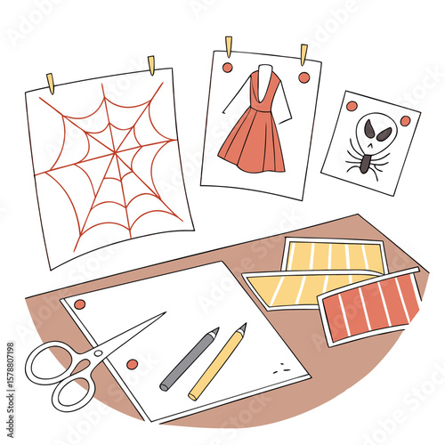 Craft table with spiderweb drawing, dress sketch, monster card, scissors, and colored paper strips