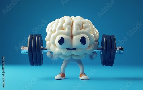 Cute cartoon brain lifting weights.  Concept of brain health, intelligence, and cognitive fitness.