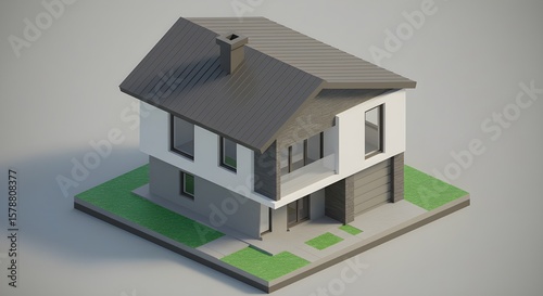 Modern Two-Storey House Exterior 3D Illustration. 