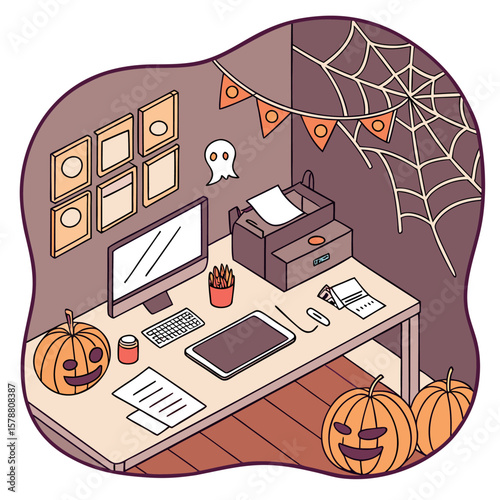 Isometric view of a halloween decorated home office with pumpkins and a spider web on the wall decor