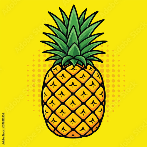 pineapple pop art icon with yellow halftone background

