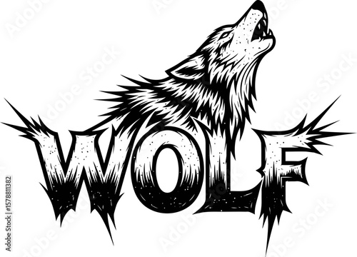 Illustration of howling wolf head above the word wolf in black and white with spiky accents