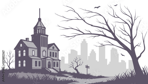 A spooky silhouette of a victorian haunted mansion stands on a hill under a bare tree with bats flying in the twilight sky overlooking a city skyline