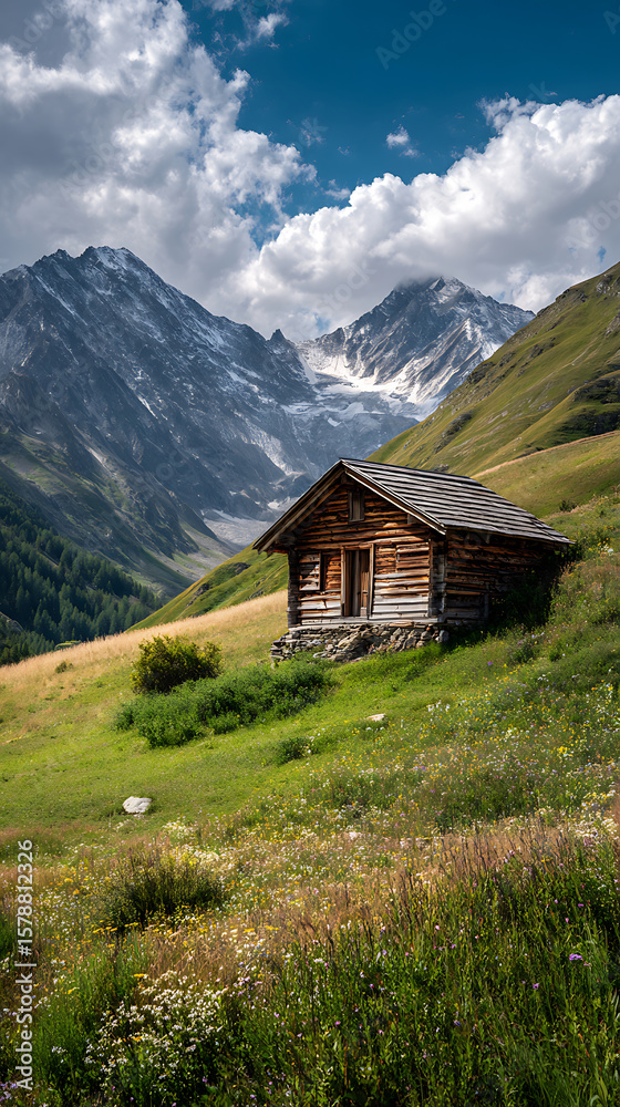 Alpine Cabin Overlooking Swiss Alps With Glacier, Meadow Flowers, and Blue Sky Alpine Cabin Overlooking Swiss Alps With Glacier, Meadow Flowers, and Blue Sky