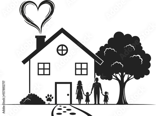 A black and white illustration of a house with a family and a tree and heart shaped smoke coming out