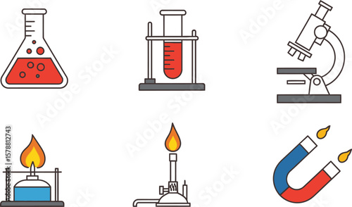 Illustration of science equipment including a flask, test tube, microscope, burner and magnet tools