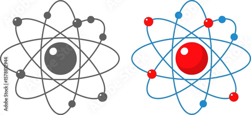 A simple atom model illustration with red nucleus and blue electrons orbiting on blue curved paths