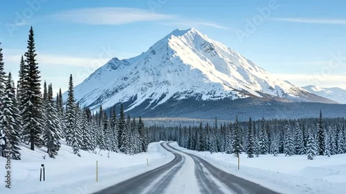 Scenic winter road leading to snow-covered mountain peak with evergreen trees