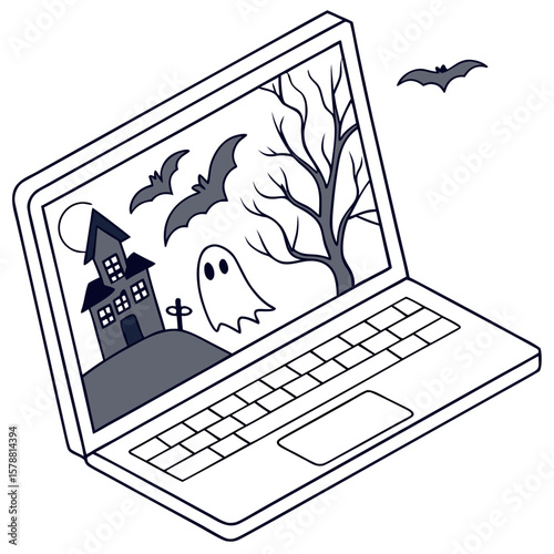 A laptop displaying a spooky halloween scene with a haunted house bats a ghost a bare tree and a moon on a hill symbolizing digital celebrations and online frights