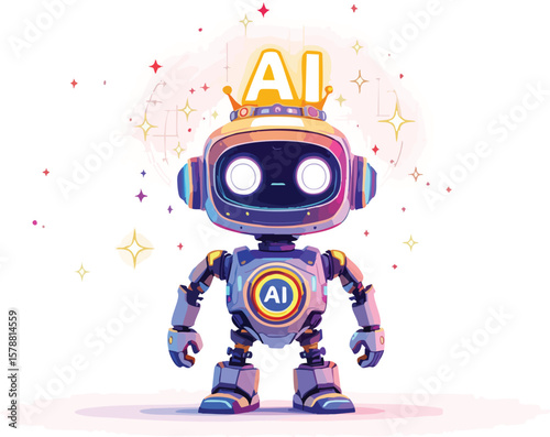 Adorable cartoon robot ai character wearing a crown representing artificial intelligence technology.
