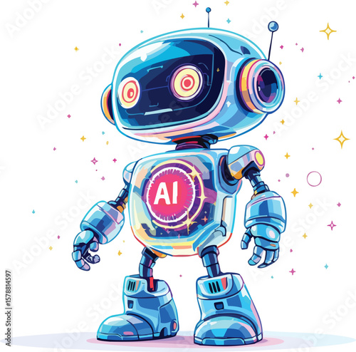 Adorable illustration of an ai robot with a futuristic and colorful design on white background.