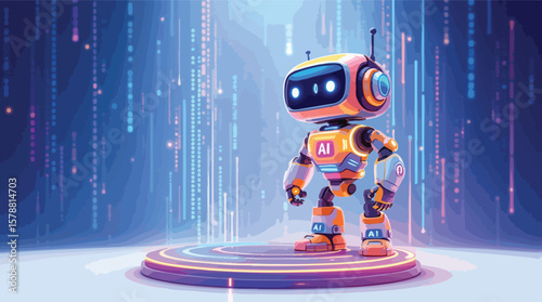 Cartoon robot with ai badge stands on a platform with digital data background.