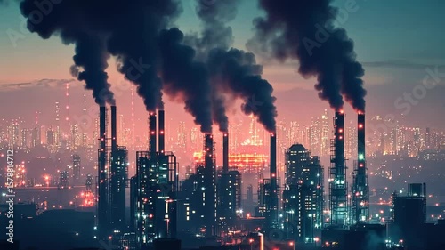 Wallpaper Mural Generative 4k video. Industrial skyline at dusk with smokestacks releasing dark smoke into the atmosphere, showcasing urban pollution and environmental impact on city life Torontodigital.ca