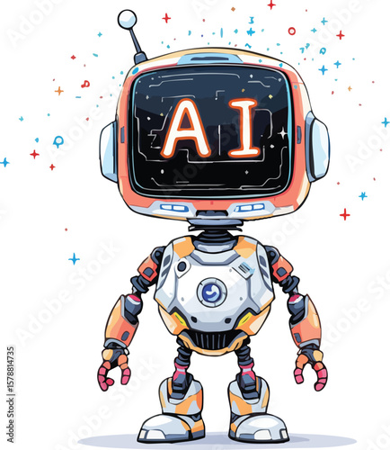 Cheerful cartoon robot character displays ai on its screen representing artificial intelligence technology.