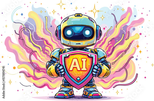 Colorful cartoon robot with ai shield futuristic illustration with artistic abstract background.