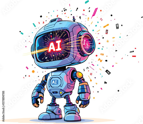 Colorful illustration of a futuristic robot with ai symbol and digital burst elements.