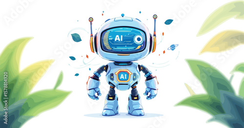 Cute cartoon robot with ai display technology surrounded by green foliage design.