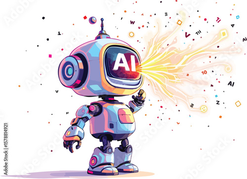 Cute cartoon robot with ai symbol generates innovation ideas and technological knowledge.
