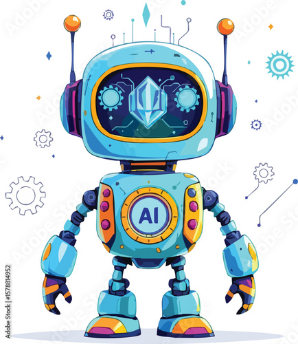 Cute colorful cartoon illustration of an artificial intelligence robot on a white background.