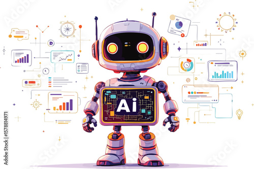 Friendly ai robot analyzing data with charts and diagrams in cartoon illustration.