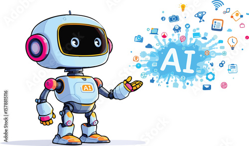 Friendly cartoon robot presenting ai concept with colorful icons and digital technology.