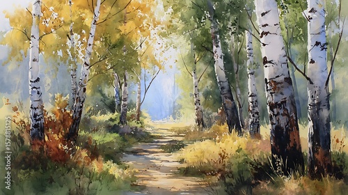 Sunlit birch forest path in autumn with golden and green foliage