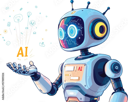 Friendly robot presenting artificial intelligence technologies and futuristic conceptual ideas.