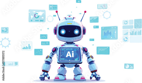Futuristic cartoon robot character surrounded by data charts and artificial intelligence symbols.