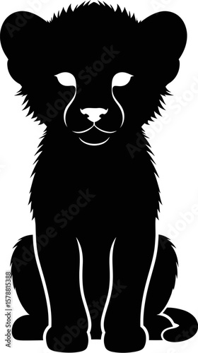 A black silhouette of a lion cub sitting upright and facing forward on a white background plain design
