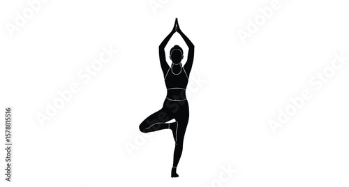 Silhouette of Person Practicing Tree Pose (Vrksasana) in Balanced Standing Position with Raised Arms — Yoga Illustration Symbolizing Focus, Stability, and Mind-Body Wellness