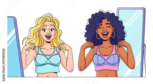 Two women happily trying on bras in fitting room for Bra Day  