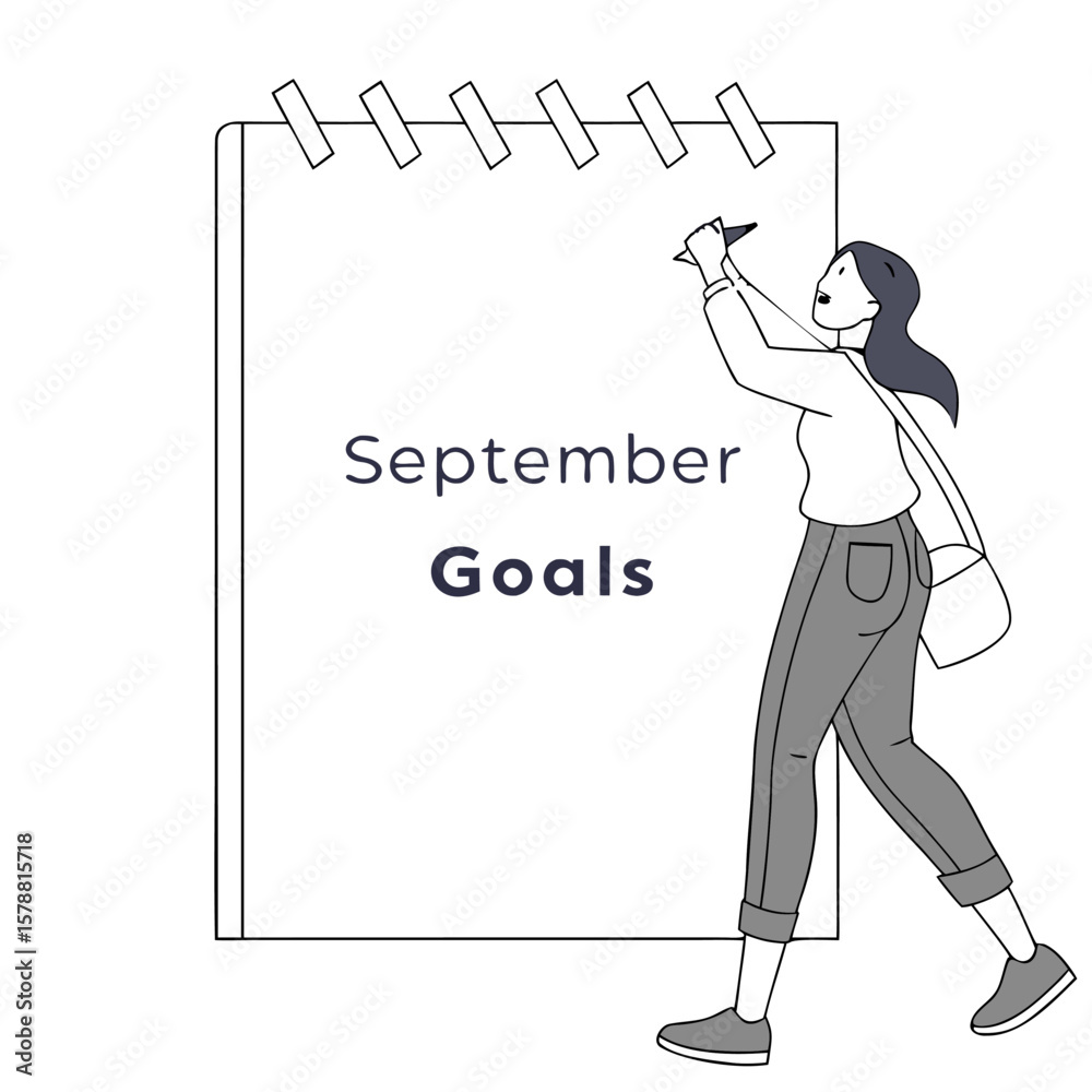 A woman is writing september goals on a large notepad with a pen symbolizing planning and achievement for the autumn season A woman is writing september goals on a large notepad with a pen symbolizing planning and achievement for the autumn season