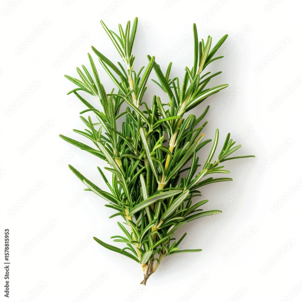 Fototapeta premium Fresh rosemary sprig, vibrant green, isolated on white background, ideal for culinary and herbal uses