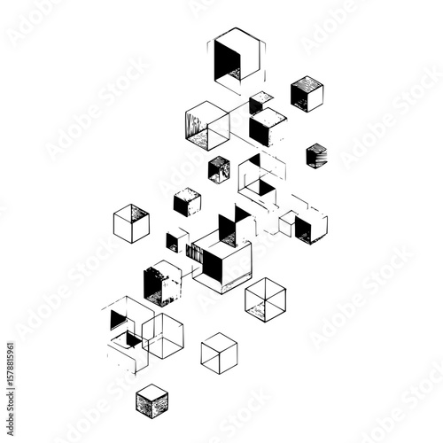 Illustration of an abstract arrangement of cubes in varying sizes and orientations on a white background