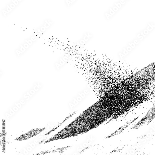 Abstract black and white image featuring a textured gradient and scattered particles on a white background