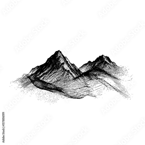 Illustration of mountain range with line art style and black and white color palette in a minimalist design