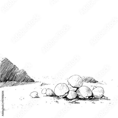 Illustration of a cluster of scallop shells on a beach with a rocky outcrop in the background art style