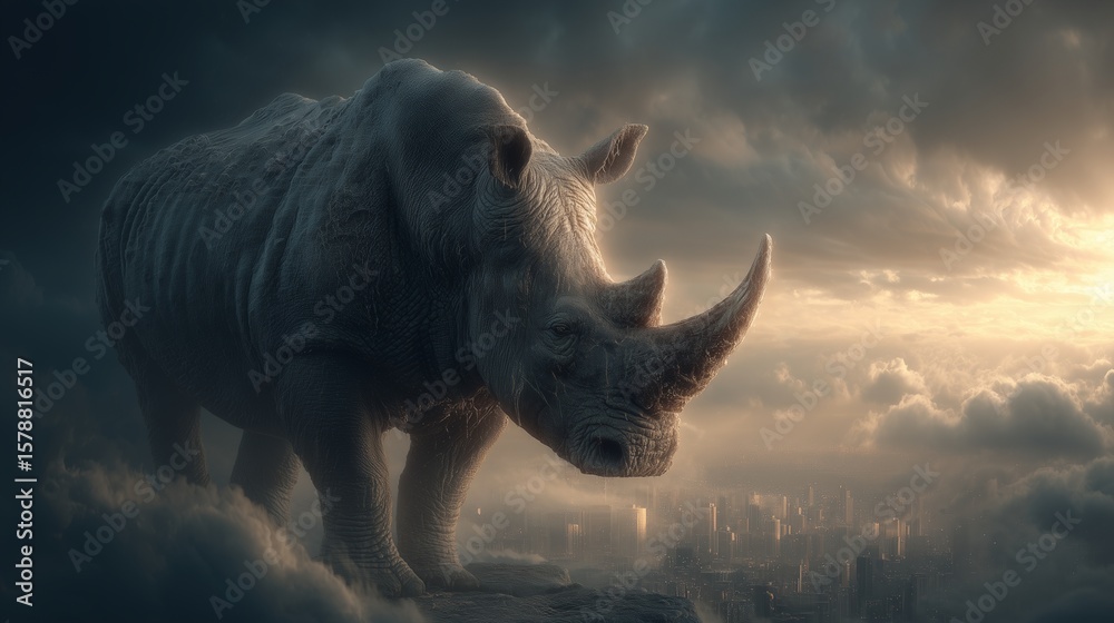 Fototapeta premium A huge rhino looming over a city, stormy sky, dramatic shadows, hyper-realistic textures